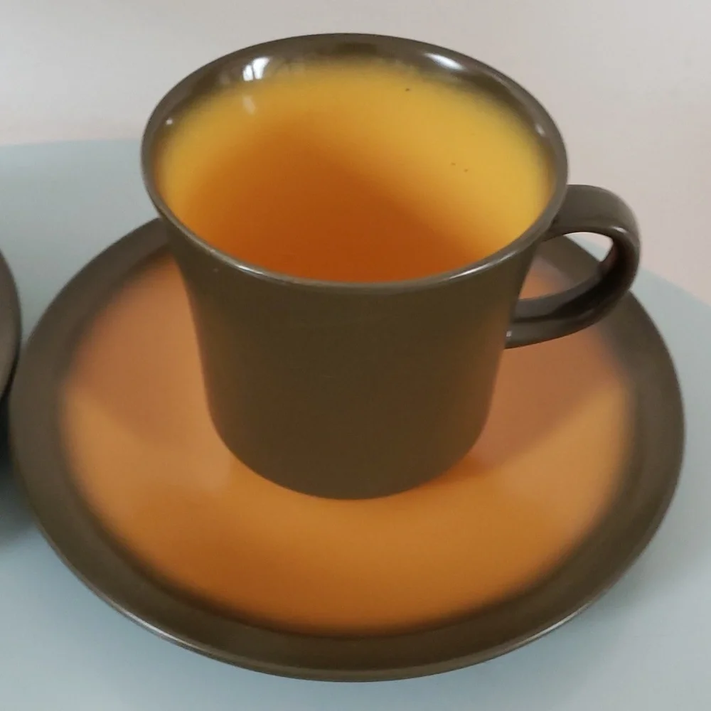 Premiere Nu Stone CANTELOPE 7606 Japan 70s Cups & Saucers Brown & Orange, VTG